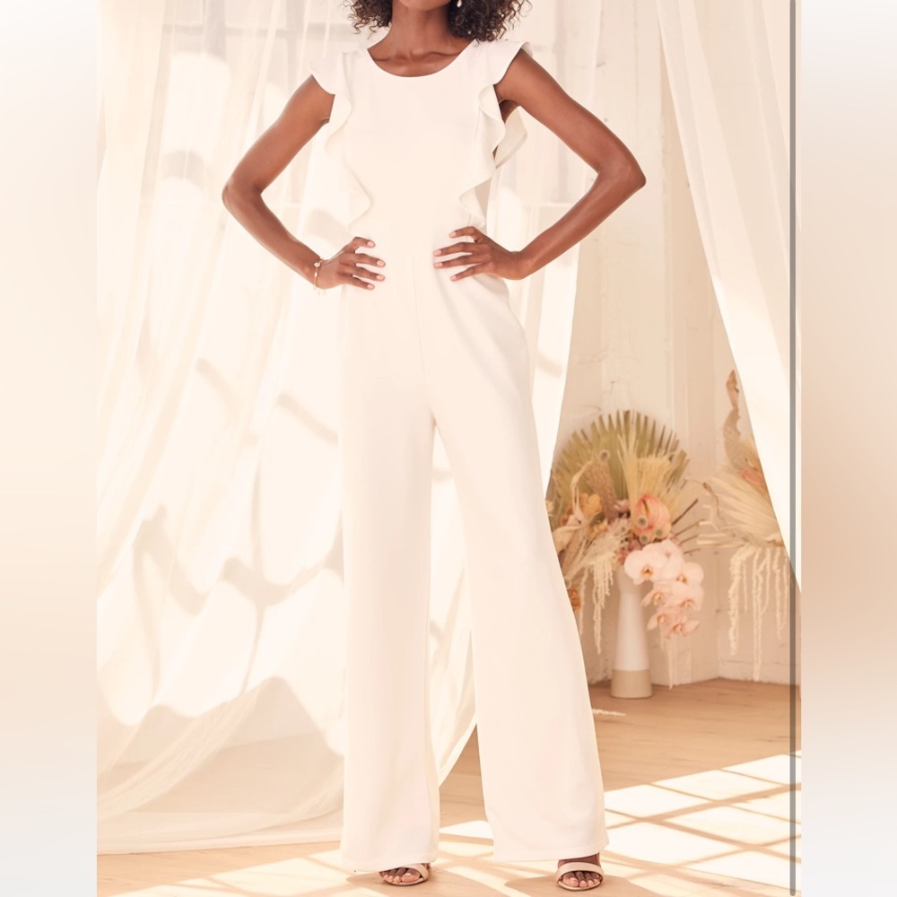 NWT Lulus Feel Your Love White Ruffled Wide-Leg Jumpsuit